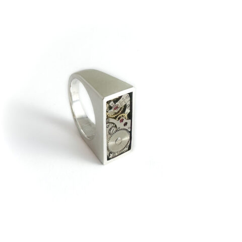 Ring zilver (925) met mechanisch uurwerk "Chunky-Rectangle"