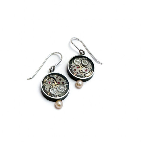 Oorhangers zilver (925) met mechanische uurwerken en parels